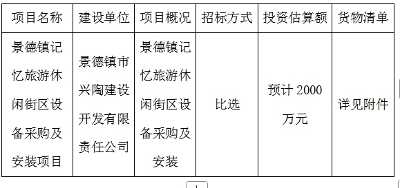 景德鎮(zhèn)記憶旅游休閑街區(qū)設(shè)備采購及安裝項目計劃公告