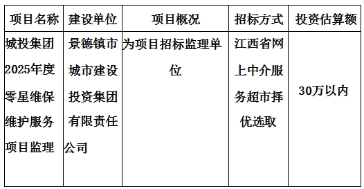 城投集團(tuán)2025年度零星維保維護(hù)服務(wù)項目監(jiān)理計劃公告