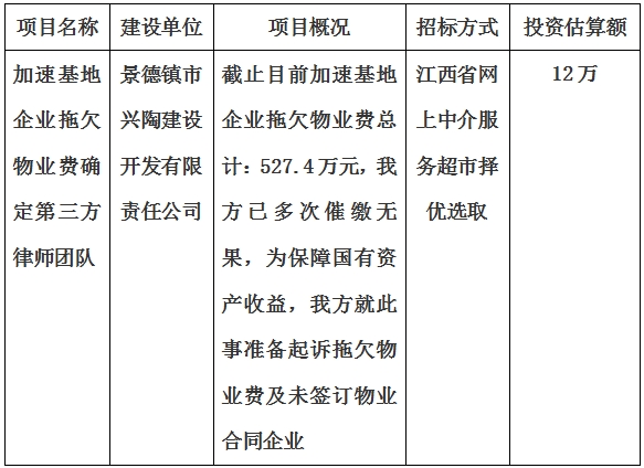 加速基地企業(yè)拖欠物業(yè)費確定第三方律師團隊服務(wù)項目計劃公告
