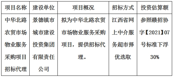 中華北路農(nóng)貿(mào)市場物業(yè)服務(wù)采購項(xiàng)目招標(biāo)代理計(jì)劃公告
