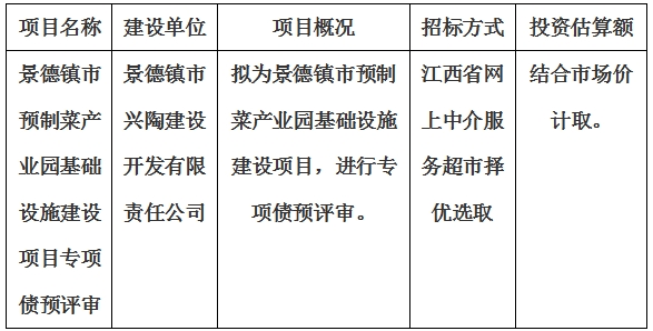 景德鎮(zhèn)市預(yù)制菜產(chǎn)業(yè)園基礎(chǔ)設(shè)施建設(shè)項目專項債預(yù)評審計劃公告