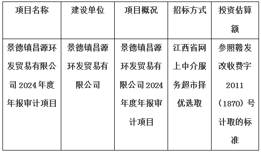 景德鎮(zhèn)昌源環(huán)發(fā)貿(mào)易有限公司2024年度年報(bào)審計(jì)項(xiàng)目計(jì)劃公告