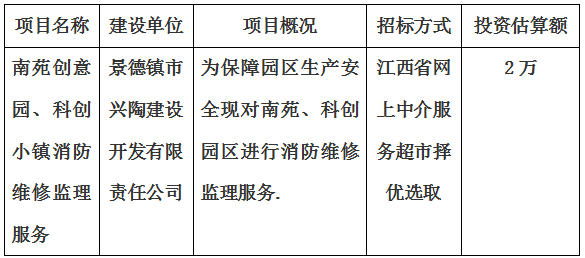 南苑、科創(chuàng)消防維修監(jiān)理服務(wù)項目計劃公告